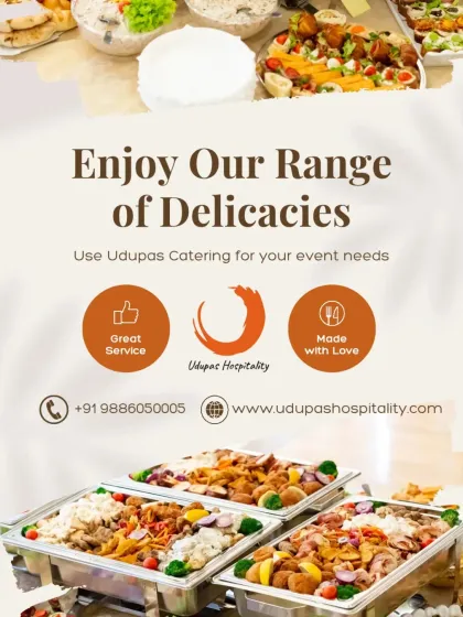This graphic summarizes our core offerings: a wide range of delicacies, great service, and food made with love. We aim to be the go-to catering service for all your event needs.