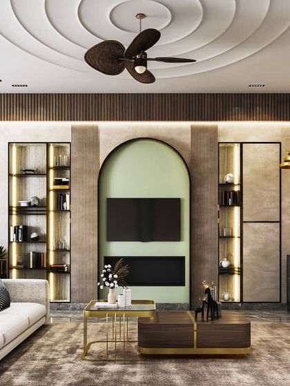 A living room design that uses architectural arches and a unique ceiling design to create visual interest. The render showcases a harmonious blend of neutral tones with pops of green and gold.