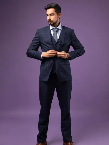 Another full-length option, this time buttoning the jacket. It's a classic "getting ready for business" look.