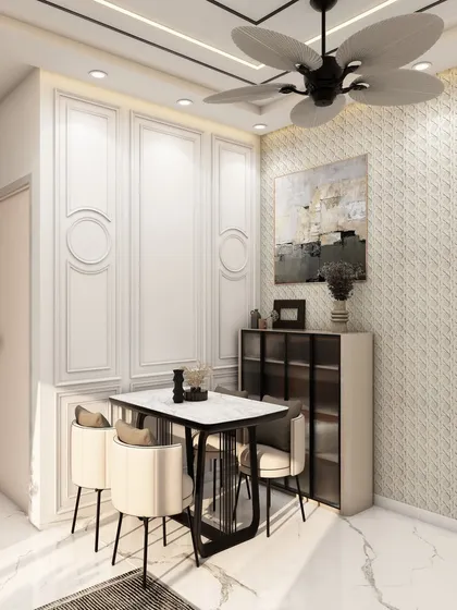 Another view of the dining nook, showing how a slim, glass-fronted cabinet provides storage without adding bulk, a key strategy we use in apartment interior design.