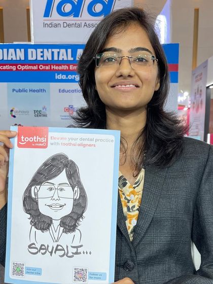 A guest at a dental exhibition at the Bombay Exhibition Centre. We can incorporate branding elements seamlessly into the artwork.