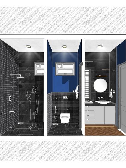 A sectional illustration of a bathroom, redefining the space to allow for multiple users by separating the toilet, shower, and vanity areas.