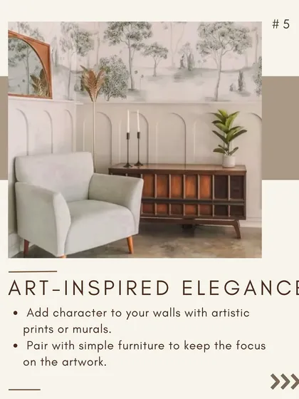 Add art-inspired elegance to your walls. This design pairs a scenic mural with simple half-wall paneling, allowing the artwork to be the main focus.