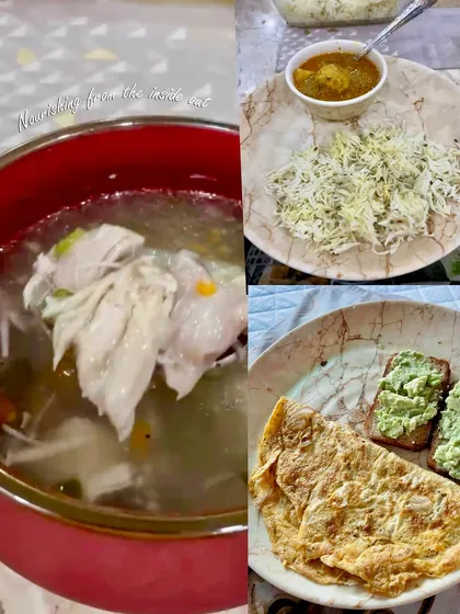 Healing after delivery starts from the inside. This is what my plate looked like two weeks postpartum: nourishing, home-cooked meals like chicken soup, omelets, and balanced Indian dishes to support recovery and breastfeeding.