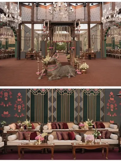 A diptych showing the grand scale of the dining hall and a close-up of the luxurious lounge seating. I ensure both the macro and micro elements of the decor are perfectly executed.