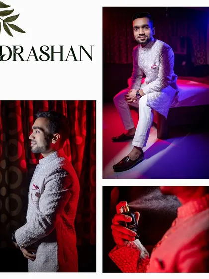 A stylish collage of the groom Darshan getting ready, focusing on the sharp details of his attire.