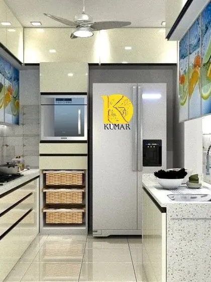 A view of a parallel kitchen layout, designed for maximum efficiency. The custom digital print on the cabinets adds a unique visual element.