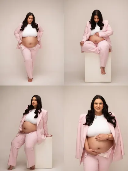 A modern and chic maternity collage. The mom-to-be rocks a stylish pink pantsuit with her baby bump proudly displayed, showing that pregnancy style can be bold and beautiful.