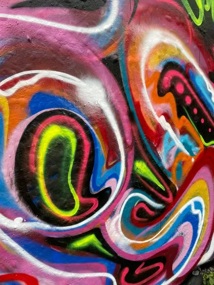 A close-up of my piece from the Jakarta jam. The colors are wild, a psychedelic mix of everything. It's all about experimenting.
