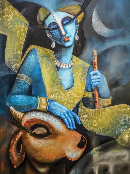 A beautiful acrylic painting of Lord Krishna with his cow under the moonlight, created for Janmashtami.