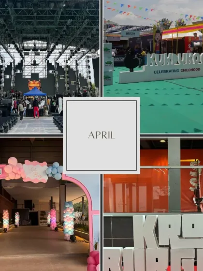 April's recap, featuring a massive concert stage setup, the Kukdukoo festival, and a corporate event entrance. This highlights the different scales and types of projects I execute.