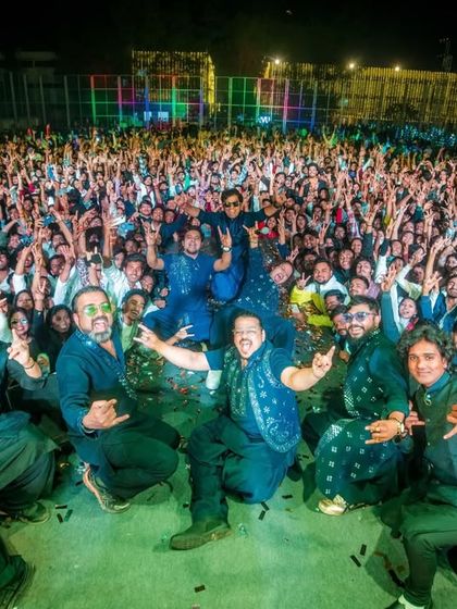 The brotherhood on stage, celebrating with the amazing crowd at Swami Vivekananda University. This is the energy that makes every college fest performance an unforgettable memory for us.