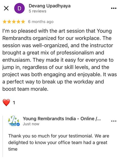 We love bringing creativity into the workplace. This testimonial from a corporate session highlights how our workshops serve as a great team-building activity, boosting morale and making art accessible to everyone, regardless of skill level.