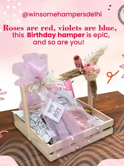 "Roses are red, violets are blue, this Birthday hamper is epic, and so are you!" A fun and personalized birthday hamper in a beautiful wooden basket.
