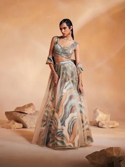 The Ivy Lehenga Set, a perfect balance of contemporary print and traditional embellishment, designed for a standout festive appearance.