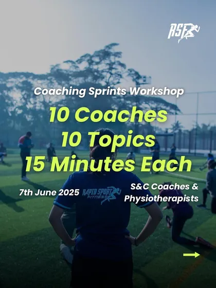 Our Coaching Sprints Workshop offers a unique learning format: ten coaches, ten critical topics, each in a 15-minute sprint. This poster captures the dynamic and information-packed nature of the event, designed for busy S&C coaches and physiotherapists looking for concentrated, field-tested insights.