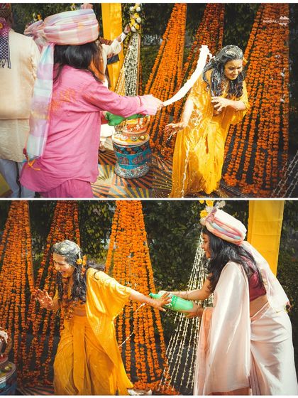 The Haldi ceremony is a time for playful chaos! This collage captures the fun as friends and family douse the bride with water and turmeric, creating unforgettable, candid memories.