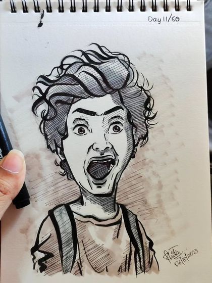 A close-up of the expressive caricature, focusing on the wild hair and wide-open mouth.