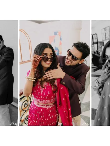 A fun triptych of a couple playing with sunglasses. The mix of color and black and white adds a stylish, modern edge to these candid shots.