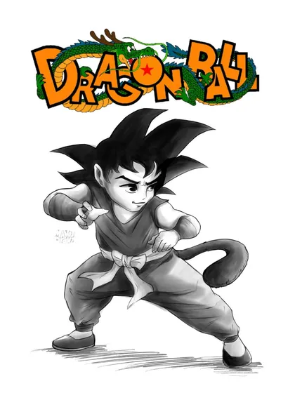 A black and white version of the Dragon Ball fan art. This treatment gives it a manga-style feel, emphasizing the shadows and line work.