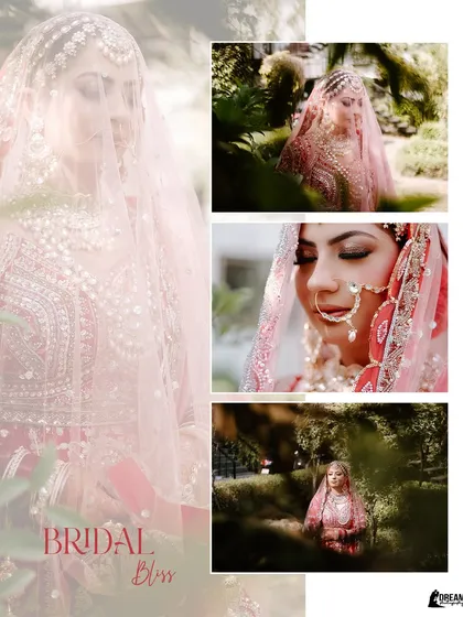 "Bridal Bliss." A collage of bride Mannat in a garden, capturing her serene beauty from different angles.
