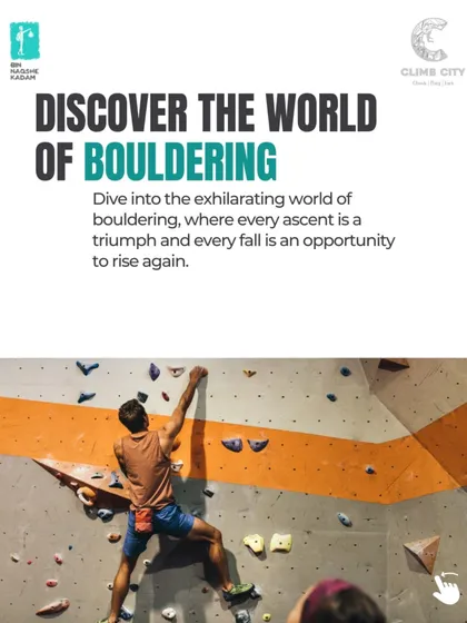 Discover the world of bouldering, where every ascent is a triumph. This shot captures a climber focused on his next move on a route with orange and grey holds.