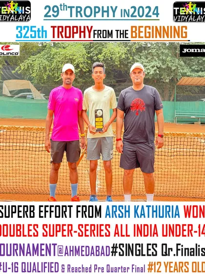 A superb effort from 12-year-old Arsh Kathuria, winning the doubles title at the Super-Series All India Under-14 tournament in Ahmedabad.