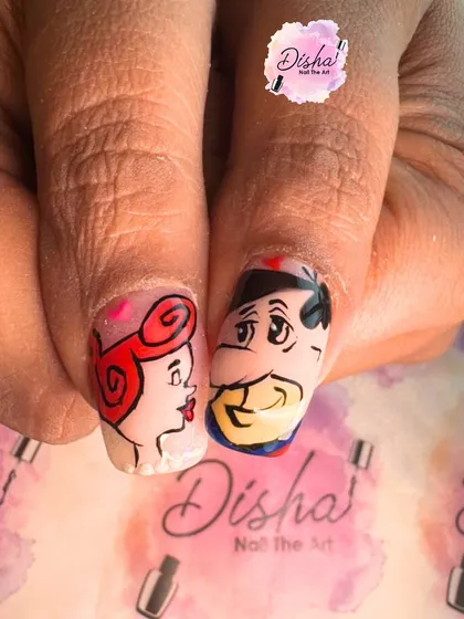 A throwback to classic cartoons for Valentine's Day. I hand-painted this iconic couple for a fun, nostalgic, and romantic nail art design.