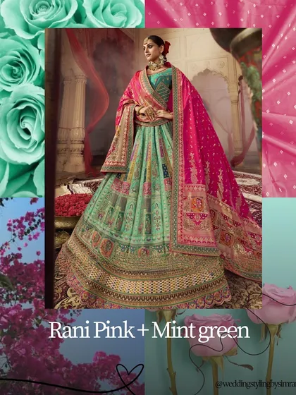 A beautiful and unique colour combination to try this wedding season: rani pink and mint green. This pairing is fresh, vibrant, and perfect for a day wedding or Mehendi.