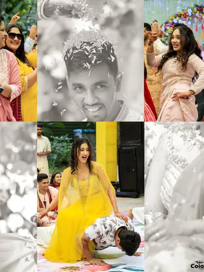 A collage of candid moments from a Haldi and Mehendi, showing guests dancing, playing, and celebrating with the couple.