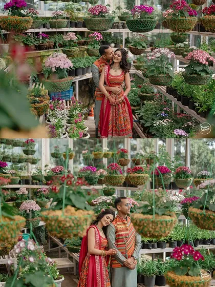 A romantic couple's portrait inside a lush greenhouse at The Savoy, Mussoorie. The hills and vibrant flowers created a fairytale setting.