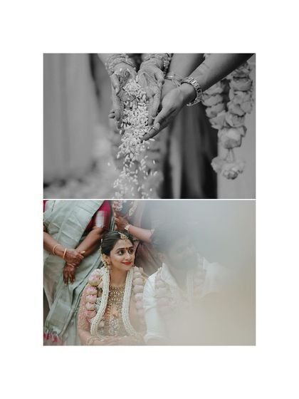 A collage blending a detailed shot of rice being poured during a ritual with a soft-focus shot of the couple at the mandap.