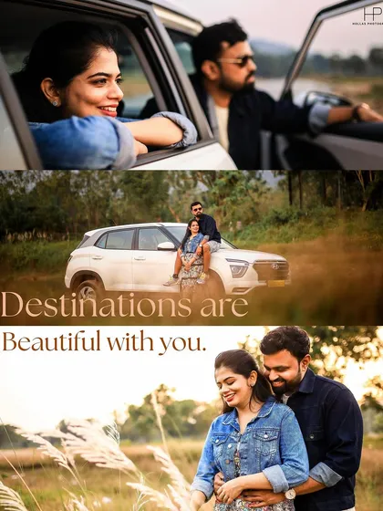 A collage from a pre-wedding shoot that tells a story of a road trip adventure. These shots capture the couple's fun and relaxed chemistry in a beautiful, natural landscape.