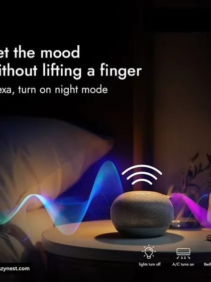 Set the perfect mood without lifting a finger. This visual shows an Alexa device on a bedside table, ready to execute a "night mode" command for a relaxing end to the day.