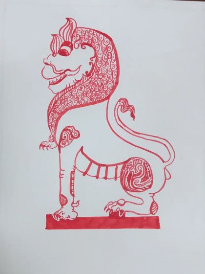 This intricate lion drawing was done by Anaya, a 9th standard student, using only a red sketch pen. The detailed patterns within the lion's body show an advanced level of line work and design.