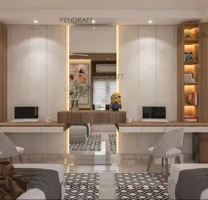 The other side of the siblings' room, featuring a long, shared study table with individual storage units and a central vanity, ensuring each child has their own personal space.