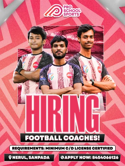 We're hiring! Looking for certified football coaches to join our team in Nerul and Sanpada. Apply now to help shape the next generation of stars.