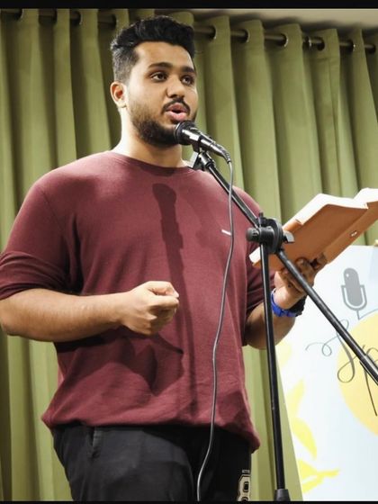 A close-up shot capturing the intensity of a storyteller's performance.