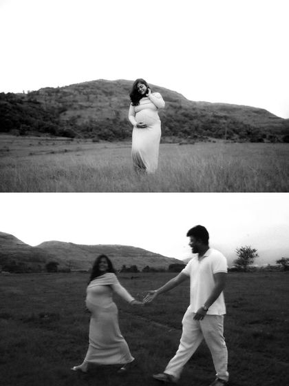 This black and white collage captures both a beautiful solo portrait of the mom-to-be and a candid moment of the couple walking and laughing together, telling a fuller story of their session.