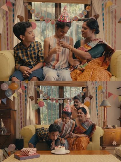 A birthday party scene from the Dalmia Cement ad. I used bright colors and fun party hats to create a joyful and celebratory atmosphere through the wardrobe.