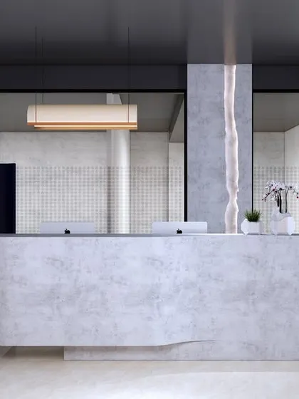 A frontal view of the reception desk, which features a concrete texture and is flanked by wooden slat partitions. The design is modern, clean, and highly professional.