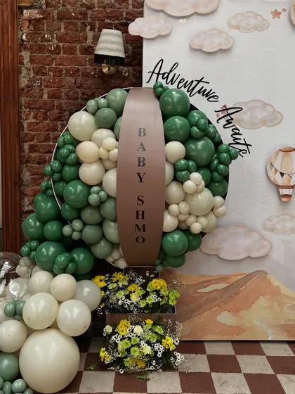 A close-up of the main balloon feature, showing the rich green and cream color palette and the custom 'Baby Shmo' branding.