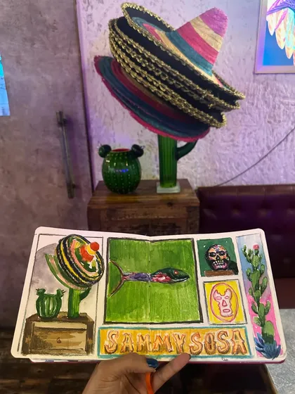 Another shot of my Sammy Sosa sketch, this time with a colourful sombrero in the background, adding to the festive Mexican theme.