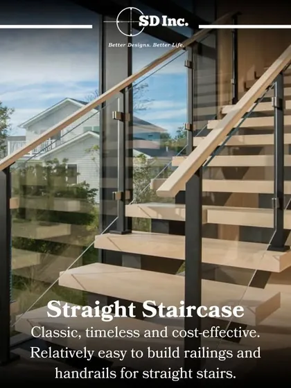 A classic and cost-effective straight staircase. This design features wooden treads and a glass railing with a wooden handrail, offering a timeless look that is easy to build and maintain.