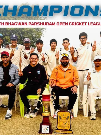 Champions. This is our team after winning the 9th Bhagwan Parshuram Open Cricket League. We train hard as a unit, and we celebrate our victories even harder. This trophy is a result of pure teamwork and dedication.
