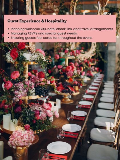 Guest experience and hospitality are a top priority for me. I manage everything from welcome kits and travel arrangements to special guest needs, ensuring everyone feels cared for and has a wonderful time.