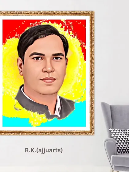 The finished digital portrait, based on the reference photo, is shown here in a framed mockup. I've added a vibrant, abstract background to give it a modern and artistic feel.