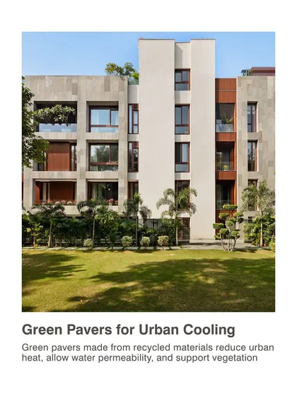 Green pavers, made from recycled materials, are a simple but effective tool for urban cooling. They allow water permeability to reduce runoff and support vegetation, helping to mitigate the urban heat island effect.