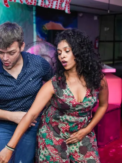 Teaching a fun move on the social floor. I love sharing little tips and tricks with everyone who comes to LA RUMBA.