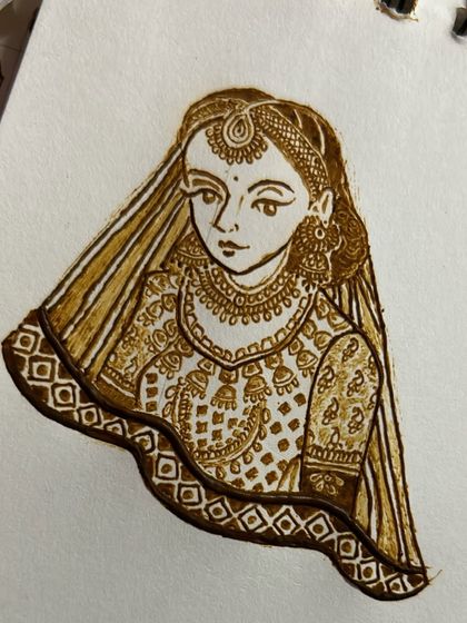 A practice sketch of a bridal figure done with henna on paper. This is how I perfect my technique for creating detailed portraits, focusing on the bride's jewelry and expression.